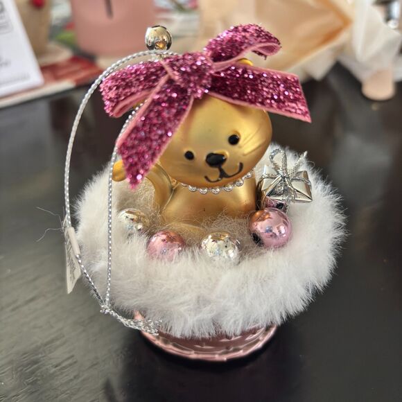 Whimsical Pink & Gold Christmas Kitty Cat Pink Basket Tree Ornament 4"H - Picture 5 of 5